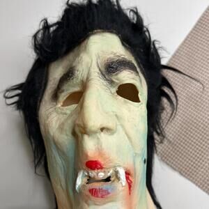 Vintage Hong Kong Horror Mask with Black Hair Creepy Halloween Costume Prop